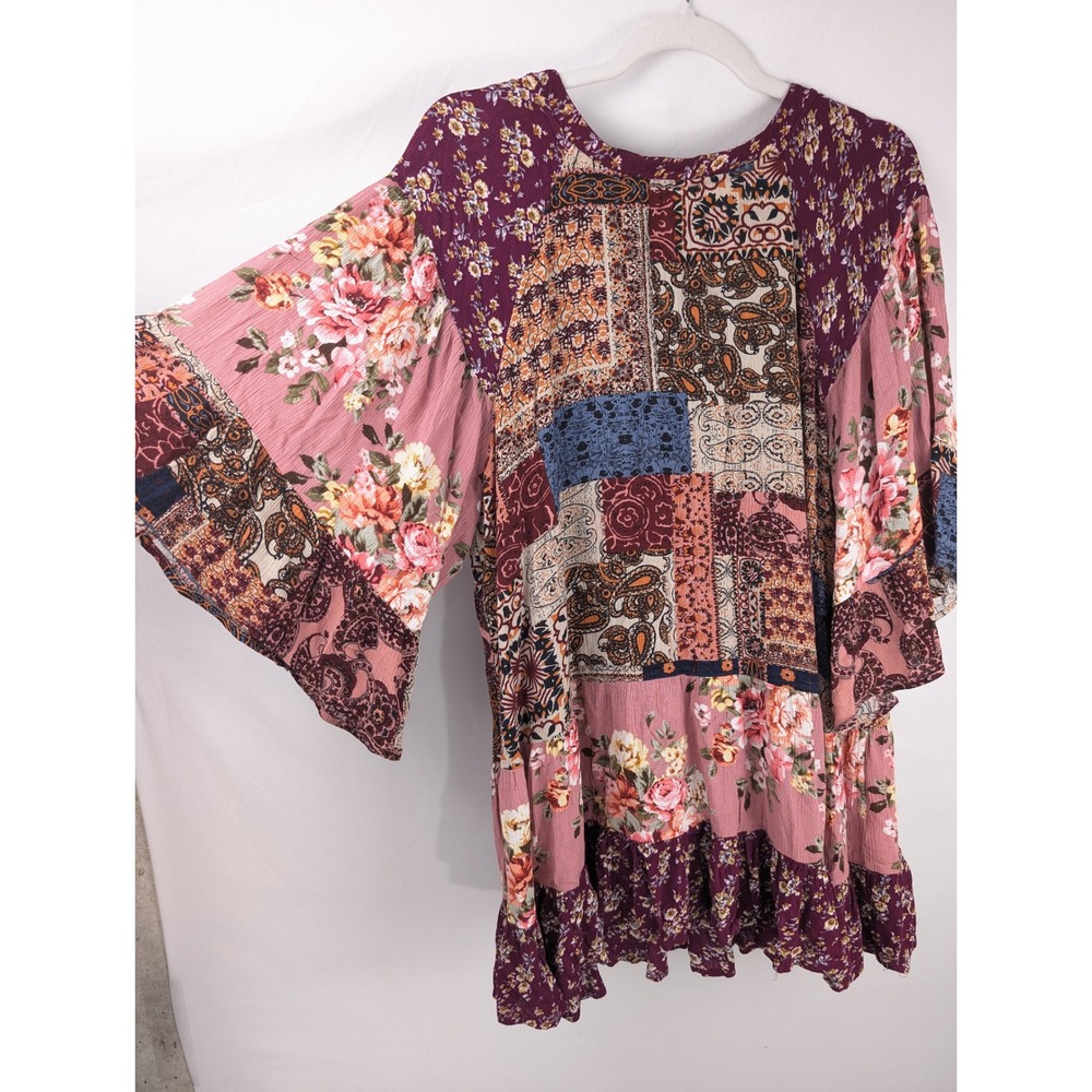 Y2K Patchwork Bell Sleeve Top Size L‎ Pink Paisley Floral Boho Hippie Artsy